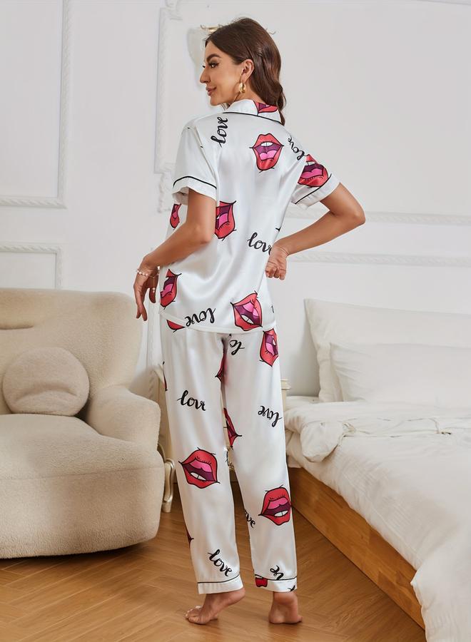 Take Two Women Graphic Print Short Sleeve Shirt and Pyjama Set - Image 3